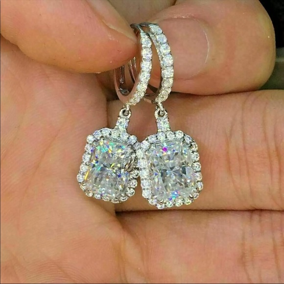 New 925 Silver Shiny Drop Radiant Diamond Earrings - Picture 2 of 3